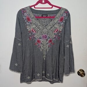 Gray Embroidered Women's Top By Johnny Was. Size Small.  Bohemian /Peasant